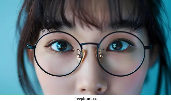 A close-up portrait of a young woman wearing glasses