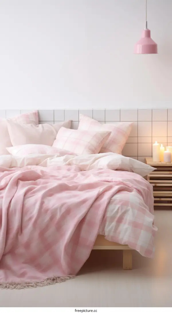 A cozy pink and white bedroom with a gingham blanket
