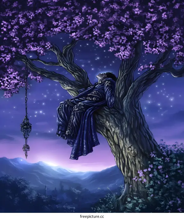 Man Sitting on a Tree Branch and Looking Up at the Night Sky