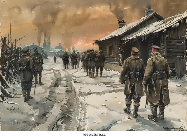 Russian soldiers in a snowy village during the First World War