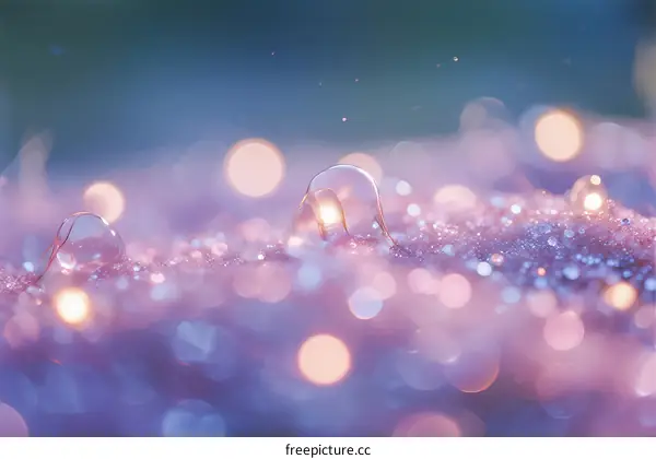 Macro Photography of Dew Drops on Purple Petals with Bokeh Lights