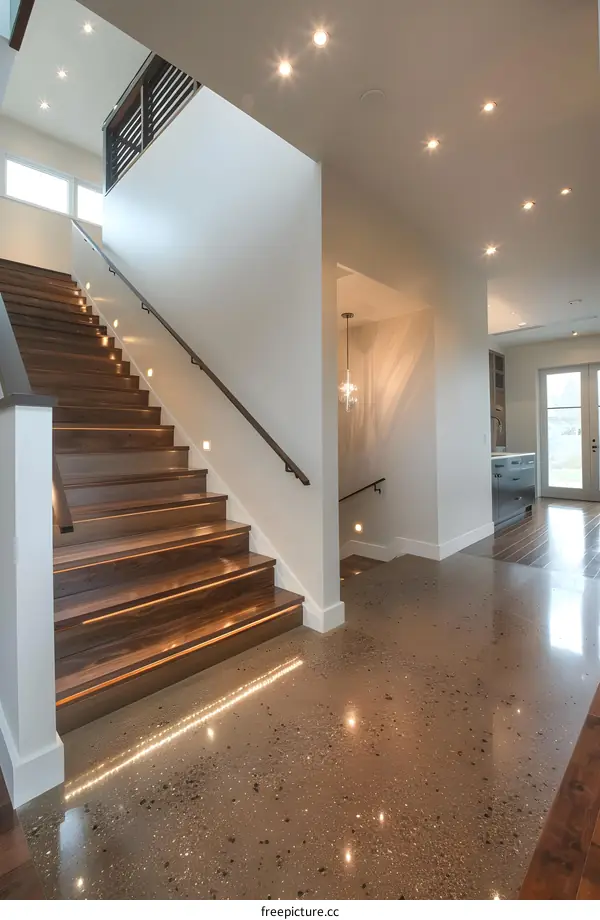 Modern Home Interior Design With Wooden Stairs And Concrete Floor