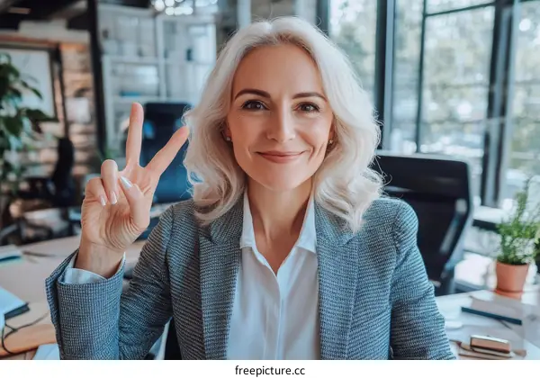 Confident Business Woman Gesturing Peace