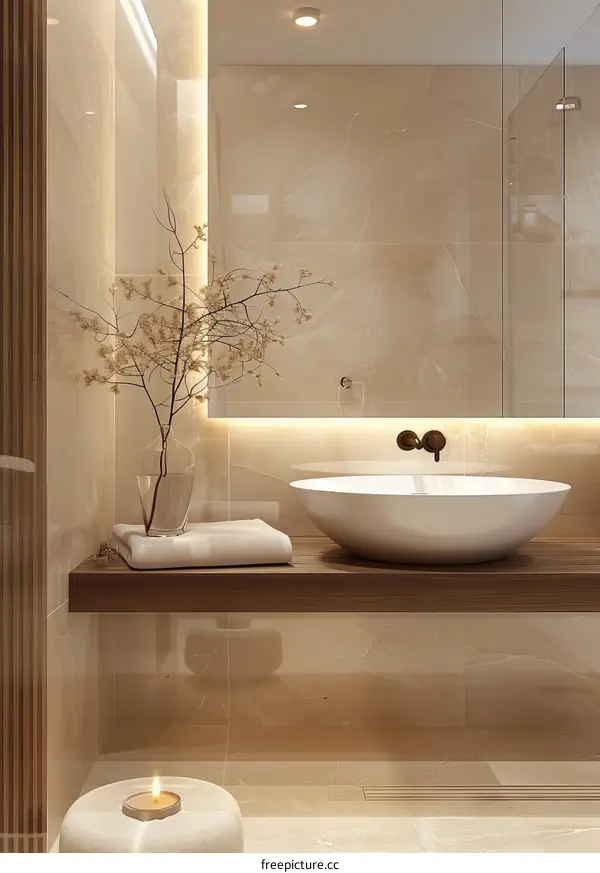 Bathroom interior with beige marble tiles, wooden shelf with a towel and a vase with decorative plants, and a round sink