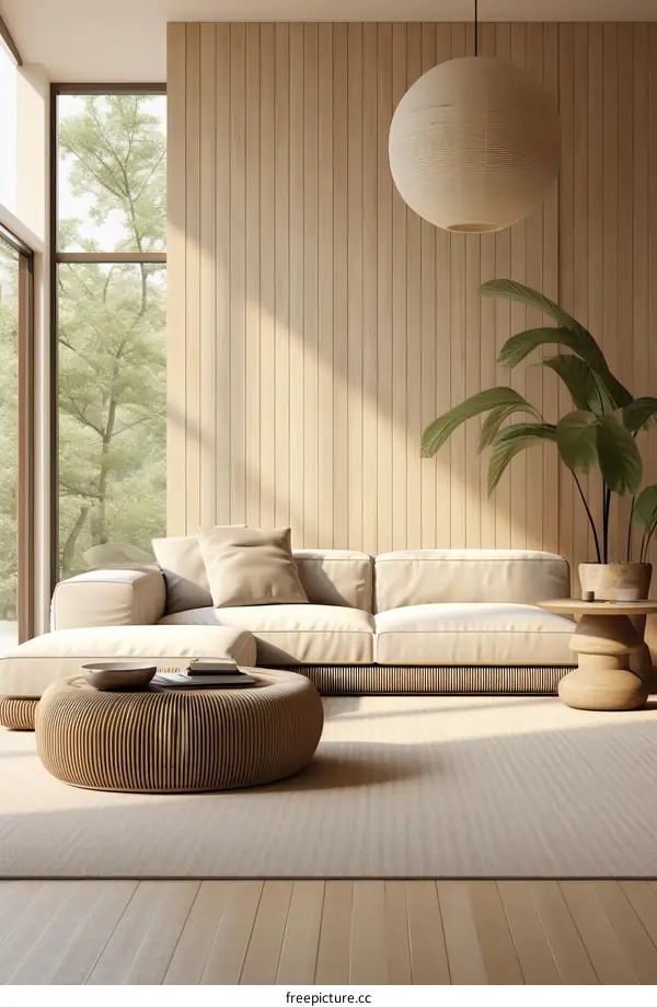 Modern Living Room with Large Windows and Comfortable Sofa