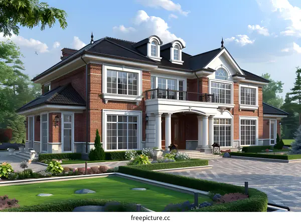 Luxury Brick Home With Large Windows And Balcony