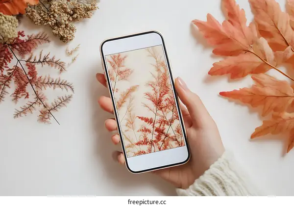 Hand Holding Smartphone With Autumn Leaves Background