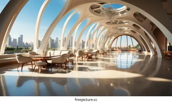 Modern futuristic restaurant interior with large windows and city view