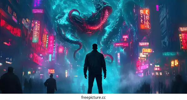 Man Looking Up at A Giant Monster in City