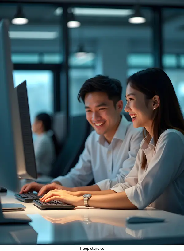 Two Asian Businesspeople Working Together at a Desk in a Modern Office