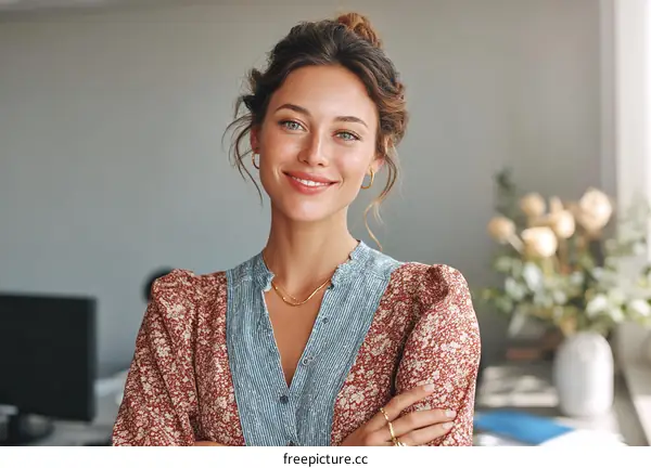 Smiling Woman in a Stylish Floral Dress