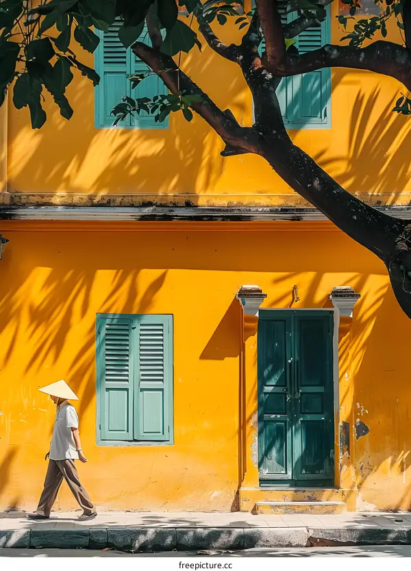 Man Walking in Front of Yellow Building with Green Door