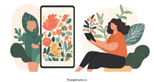 Two Women Using Digital Devices Surrounded by Plants