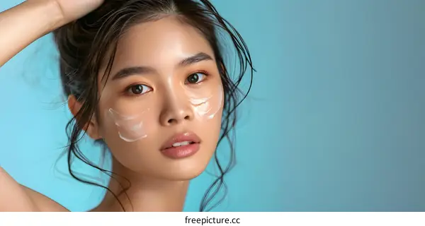 Close Up Portrait Of Young Asian Woman With Cream On Her Face Against Blue Background