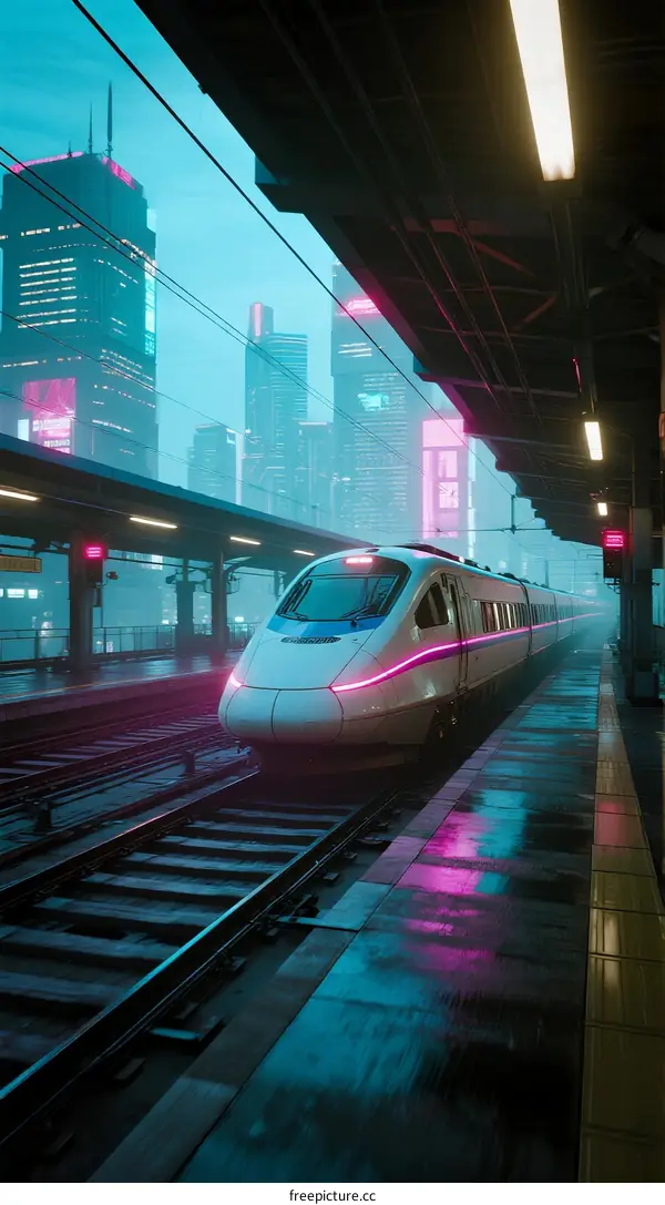 Modern High-Speed Train Arriving at Urban Platform at Night