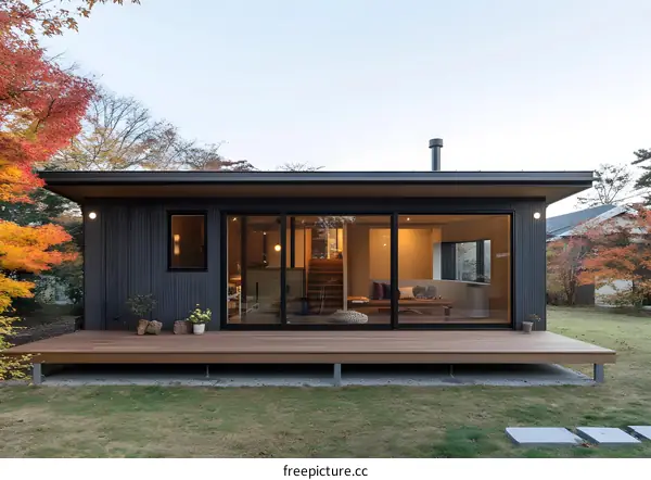Modern Japanese Style House with Wooden Deck and Large Windows