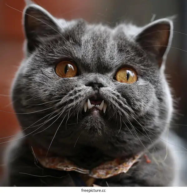 British Shorthair Cat with Sharp Fangs