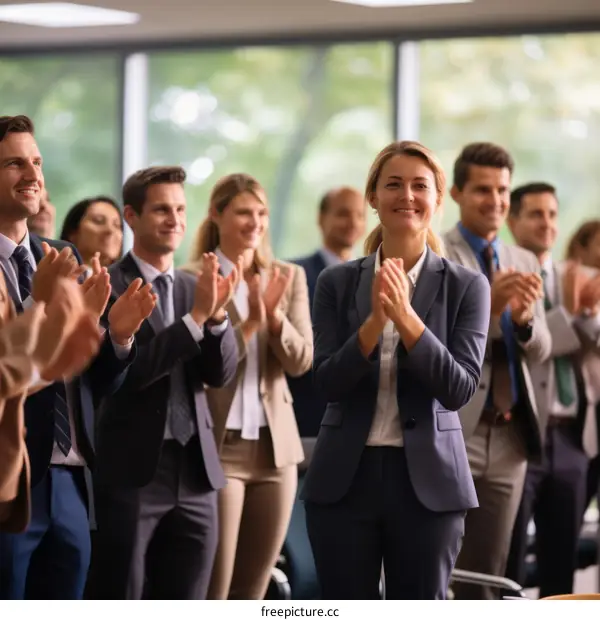 A group of business people are clapping and smiling at a conference.