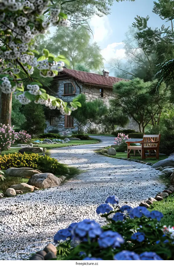 Stone Path Leading to a Country House Amidst a Blooming Garden