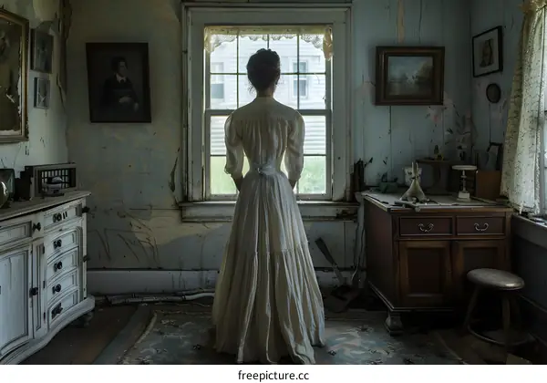 Woman in white dress standing in a room with shabby chic decor