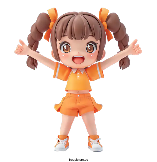 [Transparent Background PNG]Cute Cartoon Girl with Orange Outfit and White Background