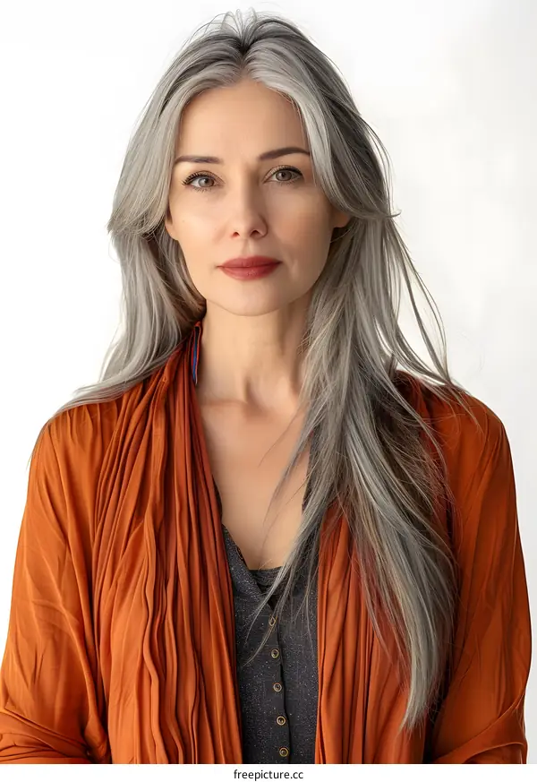 portrait of a beautiful caucasian woman with long silver hair wearing an orange shawl