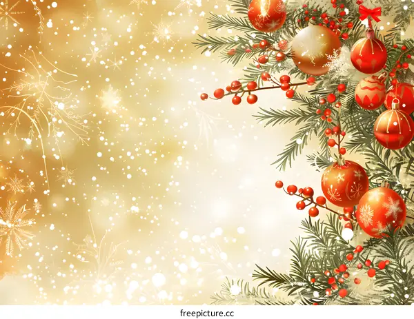 Christmas ornaments with fir branches on golden background