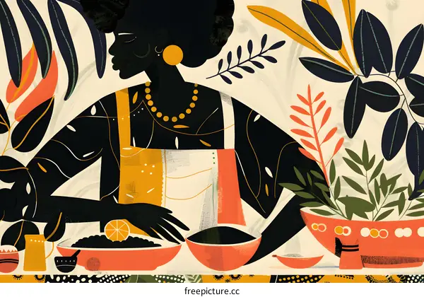 African American Woman in Kitchen Illustration
