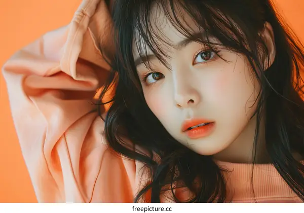 Young Asian Woman in a Peach Colored Sweater