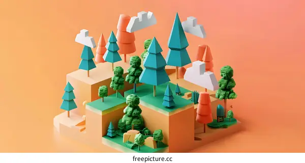Abstract 3D Illustration of a Green Forest with Clouds