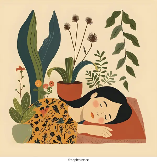 Sleeping Woman Surrounded by Plants