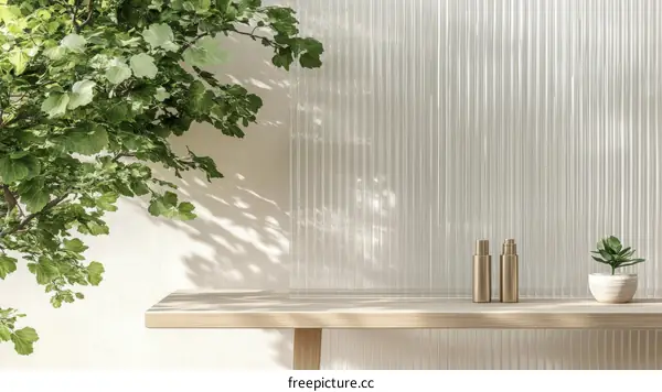 Empty Wooden Table with Plants and Bottles