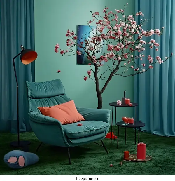 Green Armchair with Pink Blossoms in a Modern Living Room