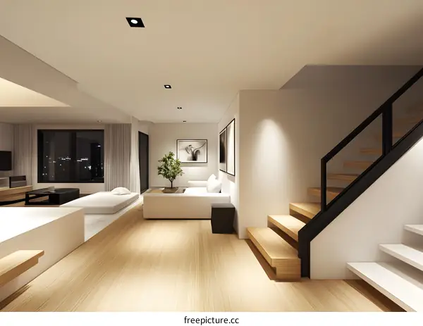 Modern Minimalist Home Interior Design with Wooden Stairs and White Sofa
