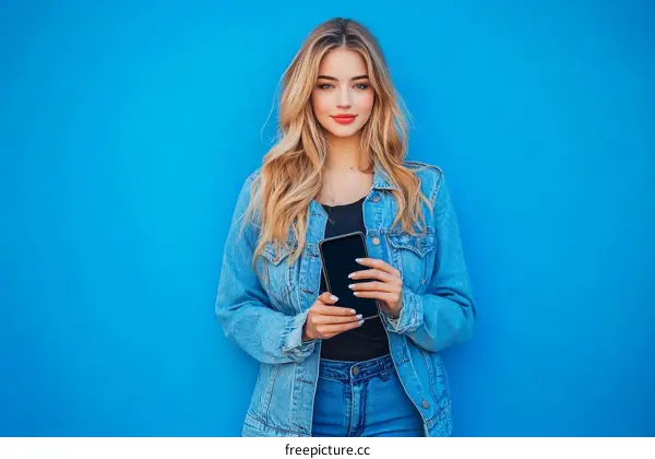 Stylish Young Woman Holding Smartphone Against Blue Wall