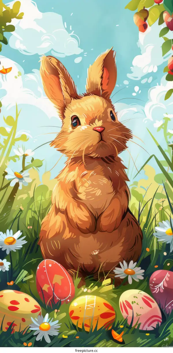 Adorable Bunny with Easter Eggs in a Spring Meadow