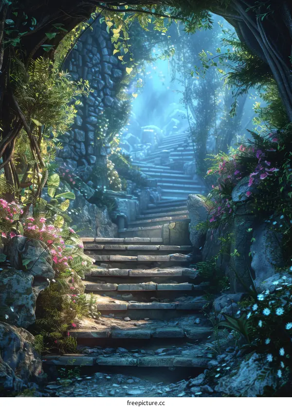 Mystical stone staircase in an overgrown magical forest