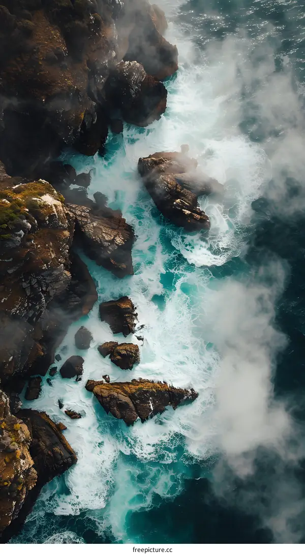 Aerial View of Ocean Waves Crashing Against Rugged Coastline