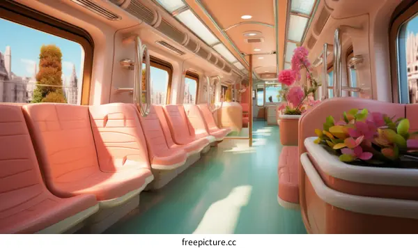 Pink and Blue Train Interior Design with Vibrant Flowers