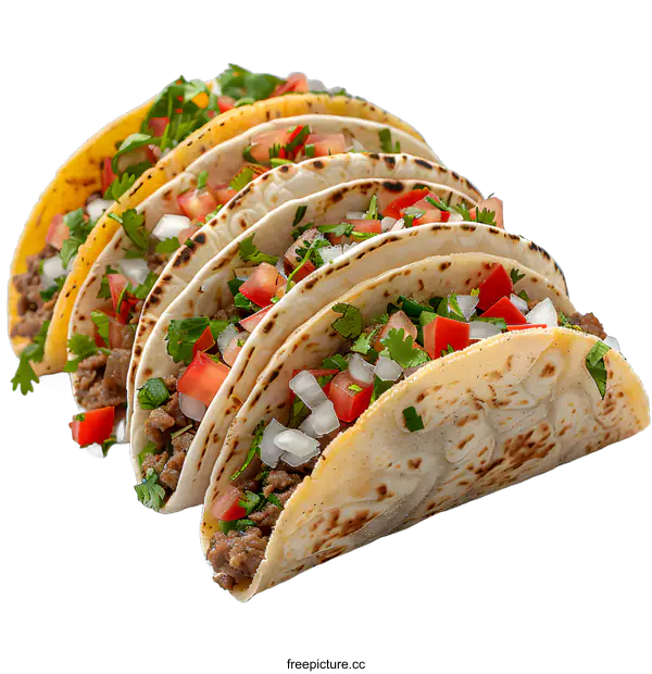 [Transparent Background PNG]Delicious Beef Tacos with Cilantro, Tomatoes, and Onions
