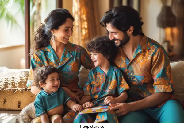 Happy family of four wearing matching outfits