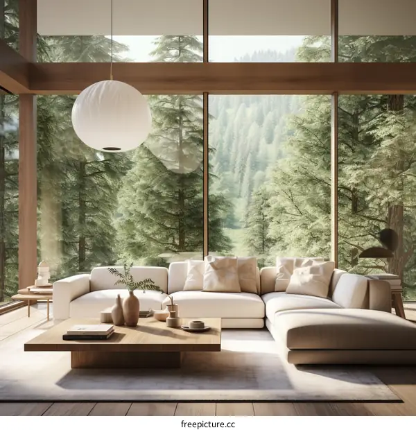 Modern living room interior with large windows and forest view