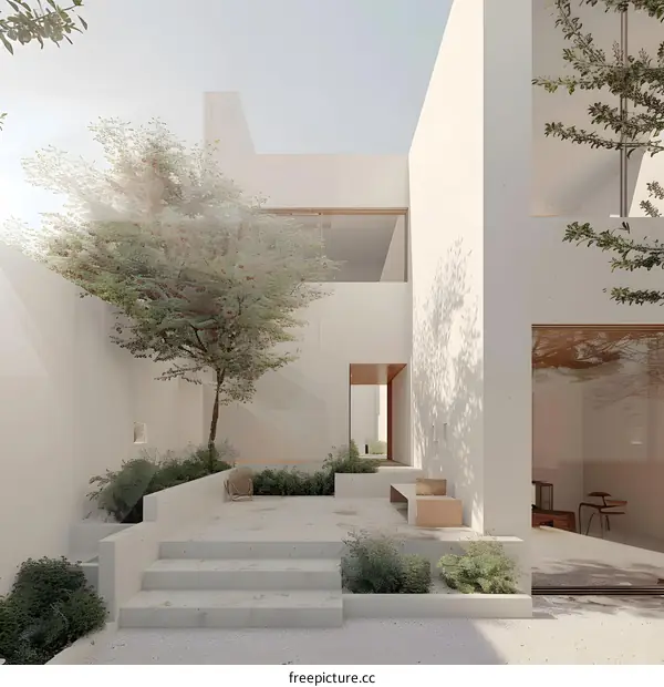 Minimalist Modern Courtyard Design with White Walls and Greenery