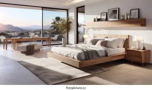 Modern bedroom interior design with large windows and a view of the city