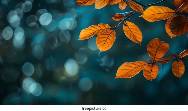 Autumn Leaves on a Branch Against a Teal Background