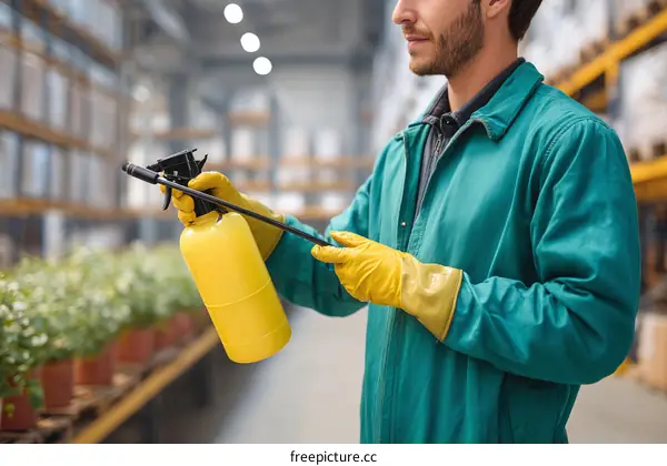 Worker Spraying Plants in a Greenhouse