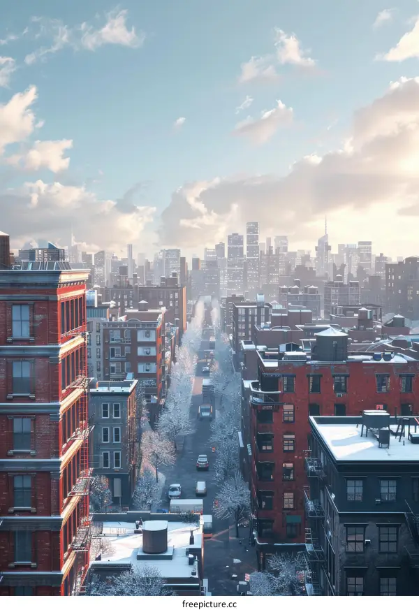 Snowy Streets and Tall Buildings in a City