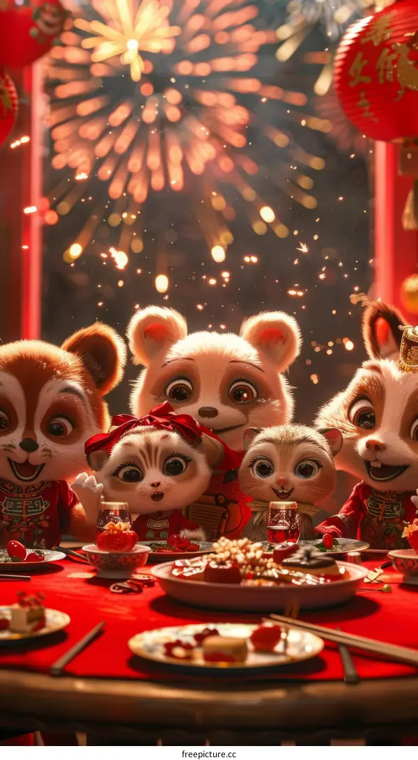 A family of cartoon animals is sitting around a table eating a meal while celebrating Chinese New Year