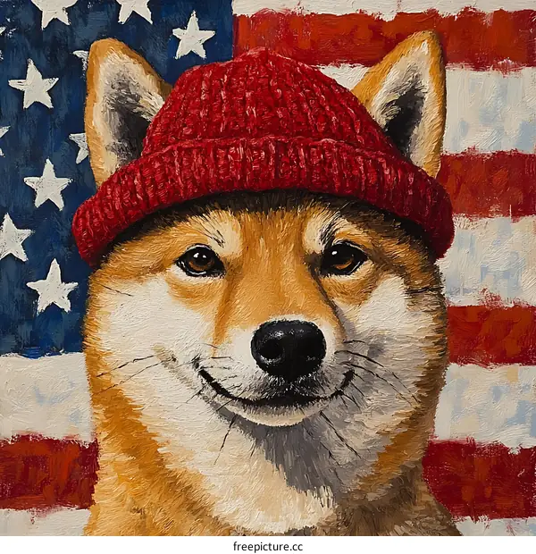 A Shiba Inu Dog with a Red Knitted Hat Against the American Flag