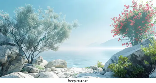 Pink Flowers and White Tree on Rocky Beach